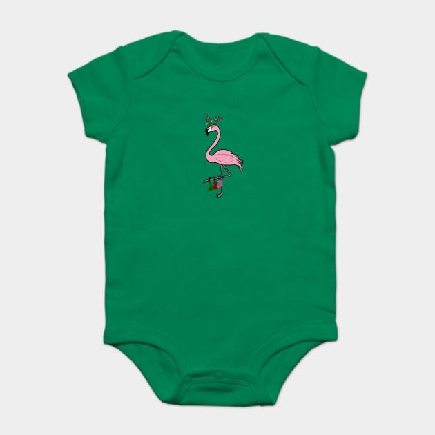 Flamingo Christmas, Deer Antlers, Festive Gift Baby Bodysuit by logiamerch